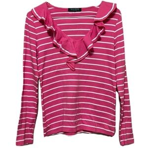 Women’s LAUREN RALPH LAUREN Petite, Ruffled Neckline Top, Pink/White, S-M